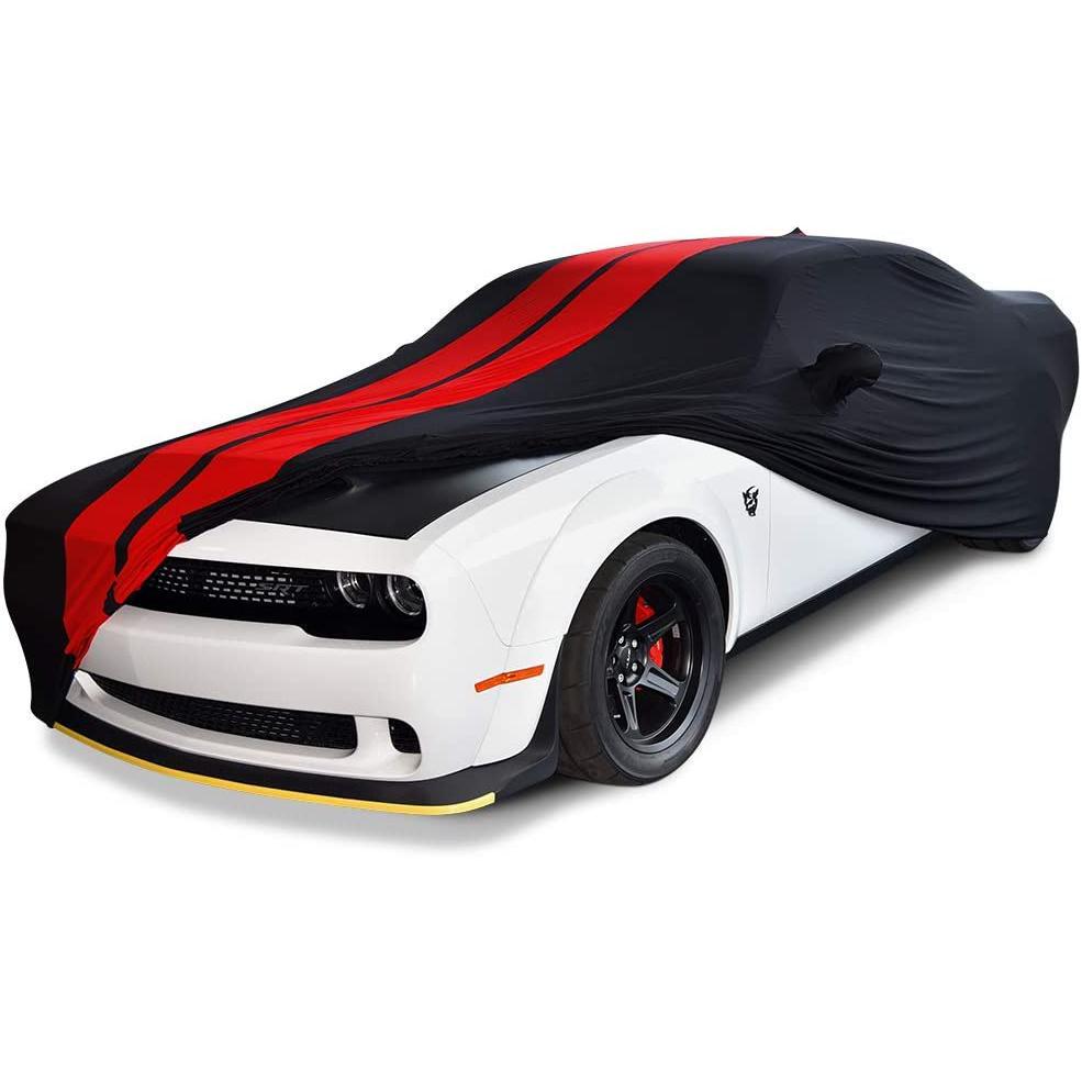 2008-2023 Dodge Challenger Ultraguard Stretch Satin Indoor Car Cover : Sport Series - Black with Red Stripes