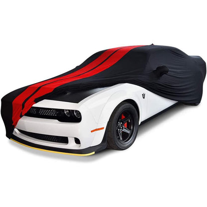 2008-2023 Dodge Challenger Ultraguard Stretch Satin Indoor Car Cover : Sport Series - Black with Red Stripes