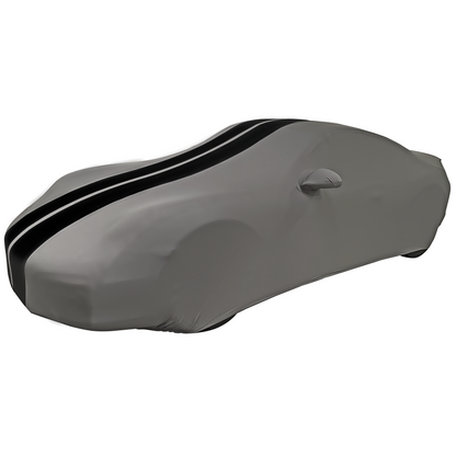 1999-2026 Porsche 911 / 718 Coupe/Carrera/Targa/Turbo GTS/Cayman/Boxster Ultraguard Stretch Satin Indoor Car Cover : Sport Series - Dark Gray with Black Stripes