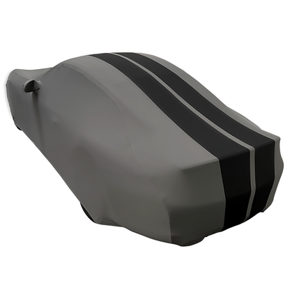 1999-2026 Porsche 911 / 718 Coupe/Carrera/Targa/Turbo GTS/Cayman/Boxster Ultraguard Stretch Satin Indoor Car Cover : Sport Series - Dark Gray with Black Stripes