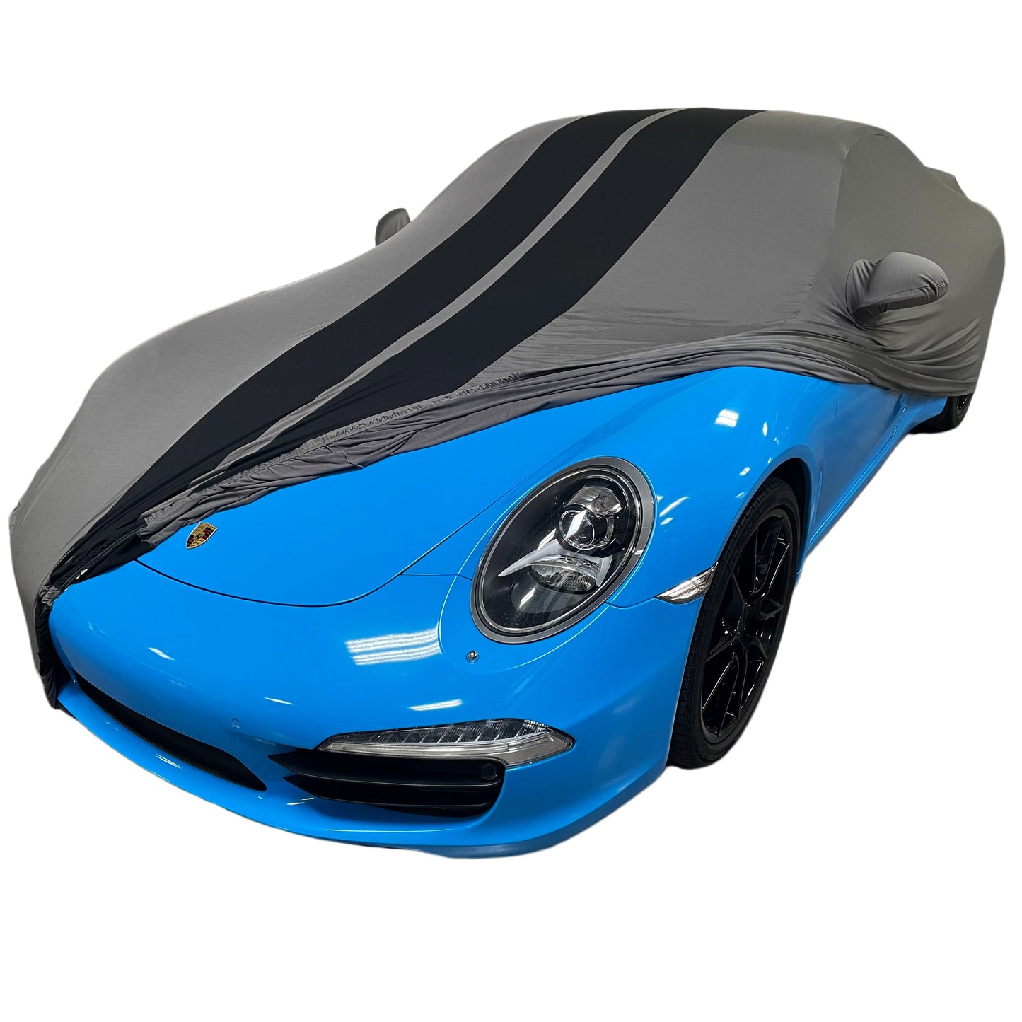 1999-2026 Porsche 911 / 718 Coupe/Carrera/Targa/Turbo GTS/Cayman/Boxster Ultraguard Stretch Satin Indoor Car Cover : Sport Series - Dark Gray with Black Stripes