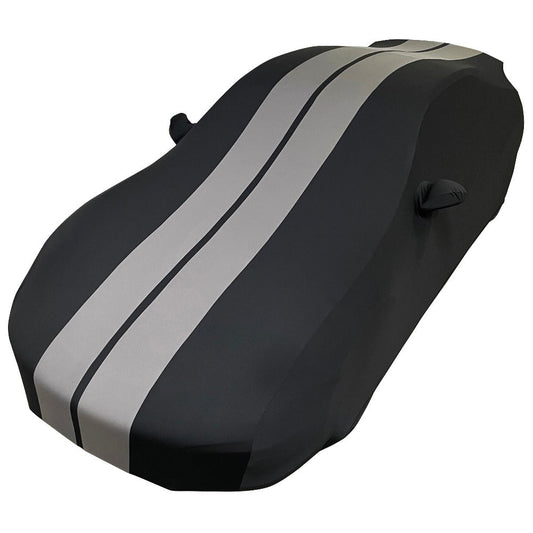 1999-2026 Porsche 911 / 718 Coupe/Carrera/Targa/Turbo GTS/Cayman/Boxster Ultraguard Stretch Satin Indoor Car Cover : Sport Series - Black with Dark Gray Stripes